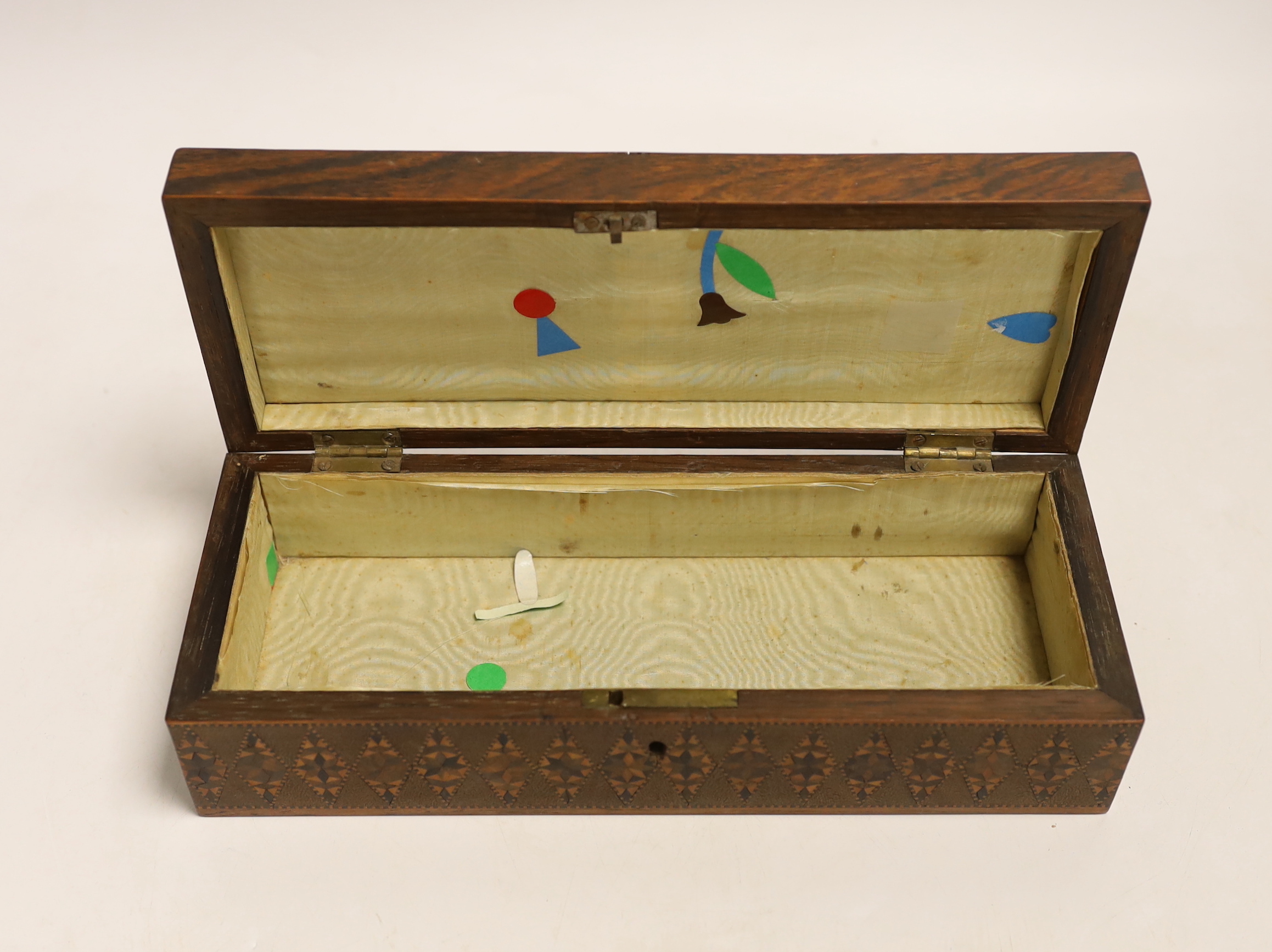 A Tunbridgeware rosewood half square mosaic and butterfly mosaic glove box, circa 1830-50, 24cm wide